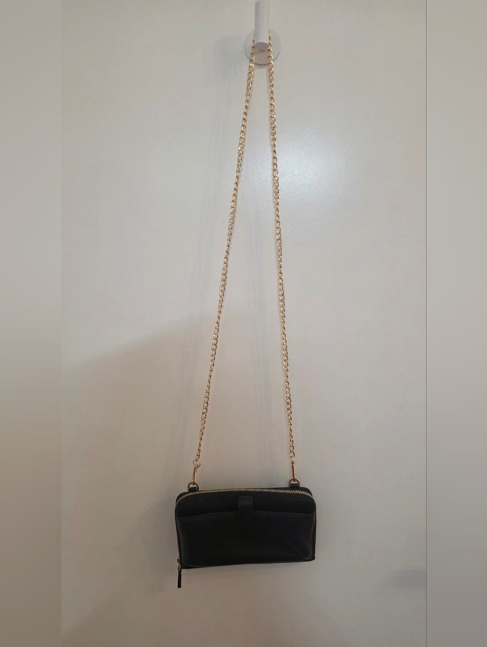 Black Crossbody Leather Wallet with Gold Chain Strap